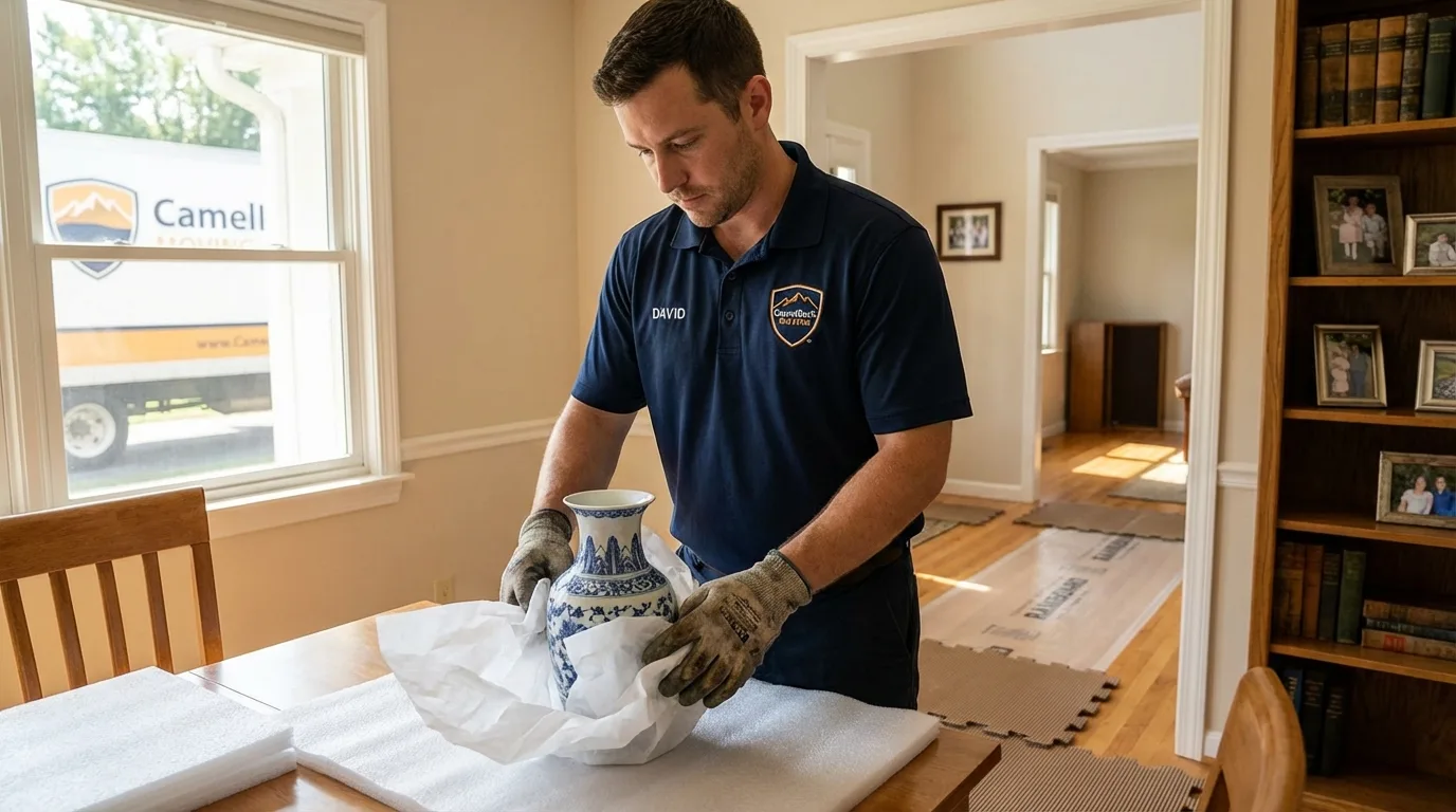 Professional crew carefully wrapping antique vase for senior downsizing move in Graniteville, SC